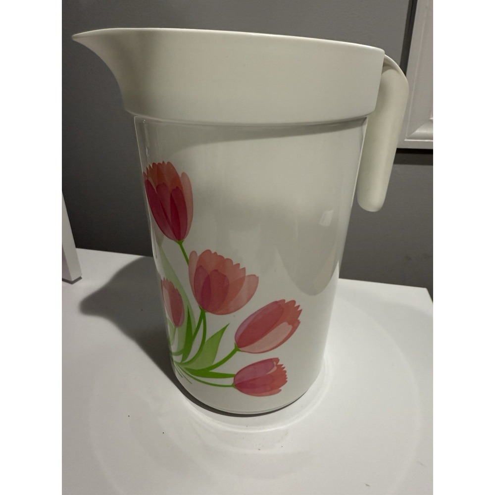 Tupperware 1 Gallon Drink Pitcher W/ Lid Pink Green Tulips Floral Design Vintage